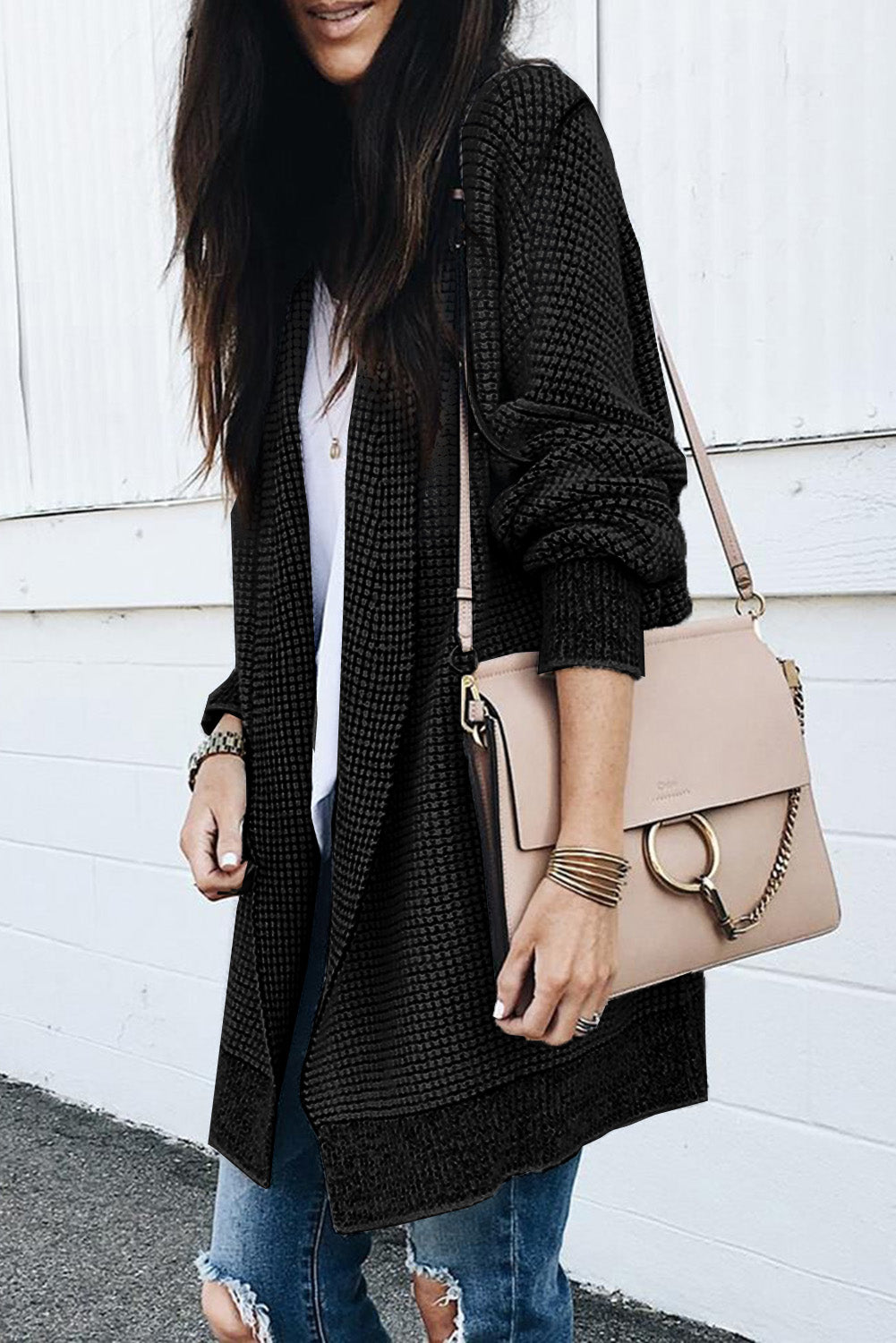 Apricot Plaid Knitted Long Open Front Cardigan - Winter Collection