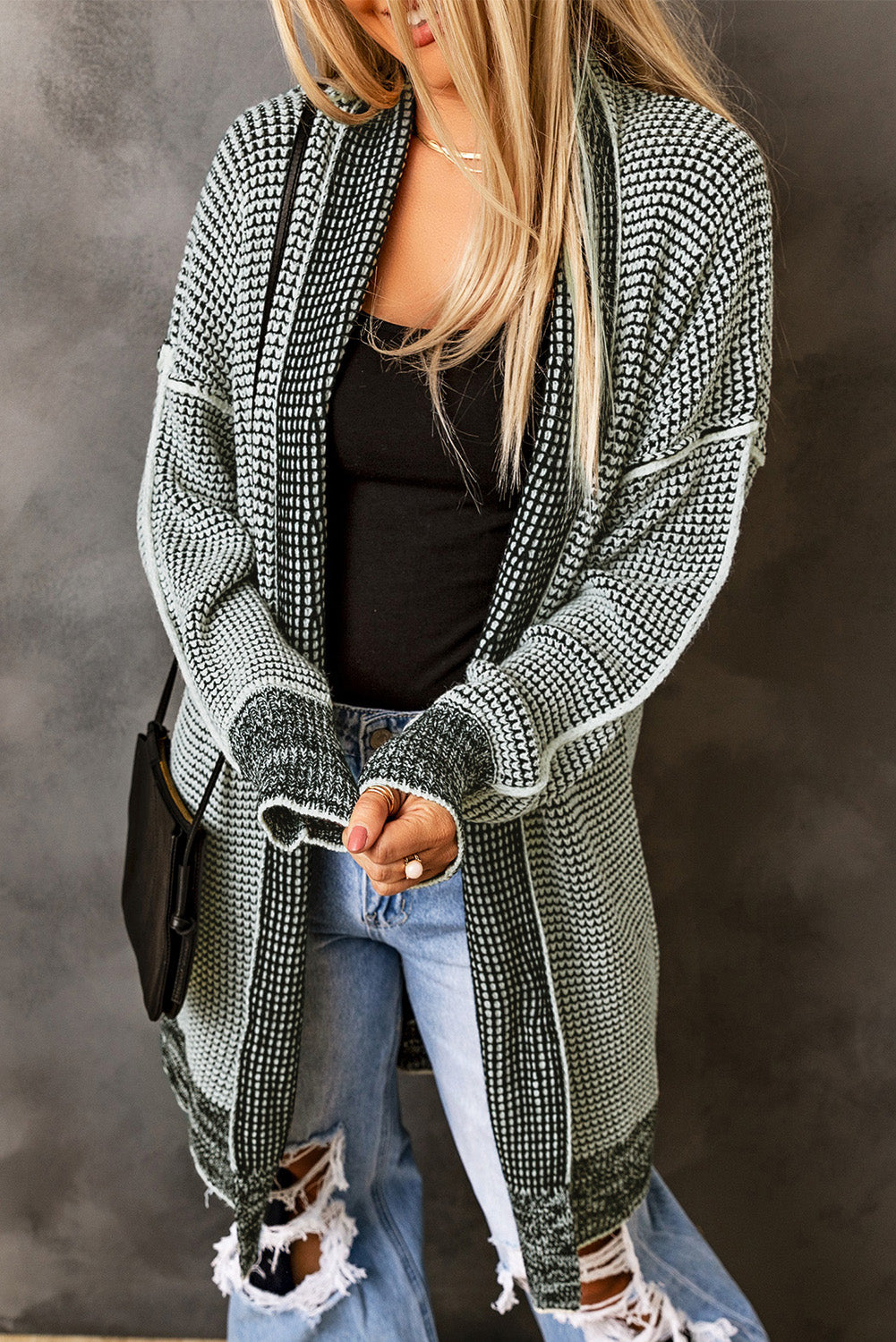 Apricot Plaid Knitted Long Open Front Cardigan - Winter Collection