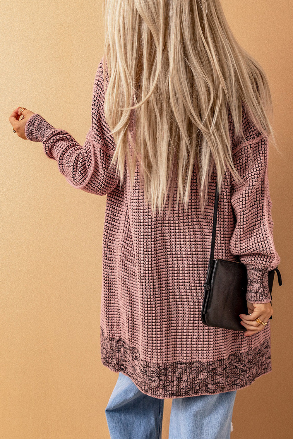 Apricot Plaid Knitted Long Open Front Cardigan - Winter Collection