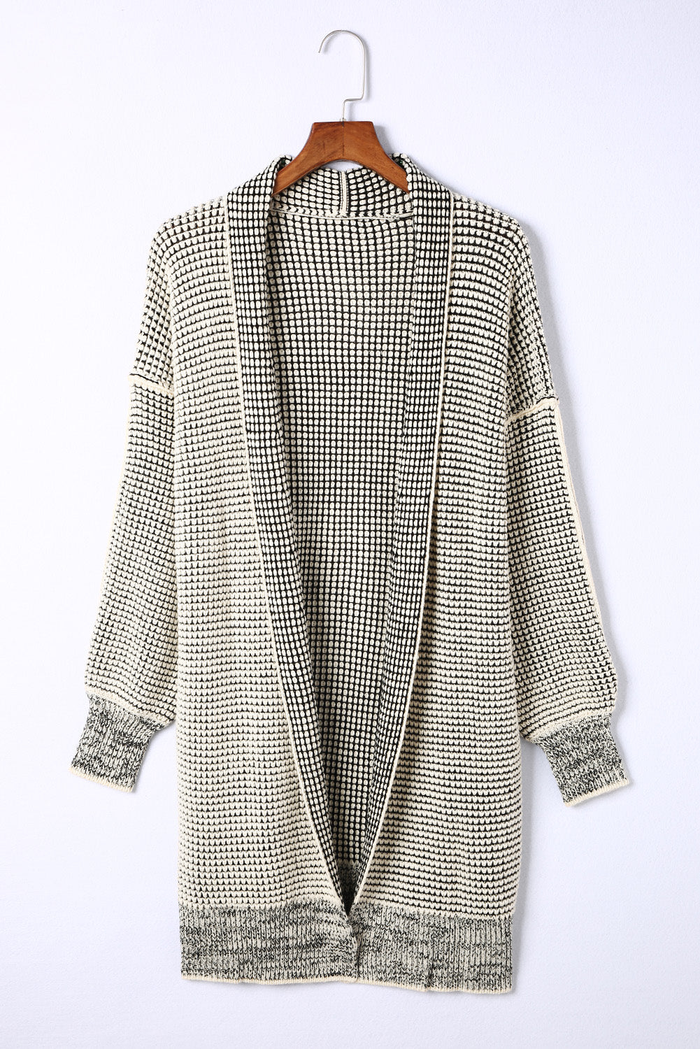 Apricot Plaid Knitted Long Open Front Cardigan - Winter Collection