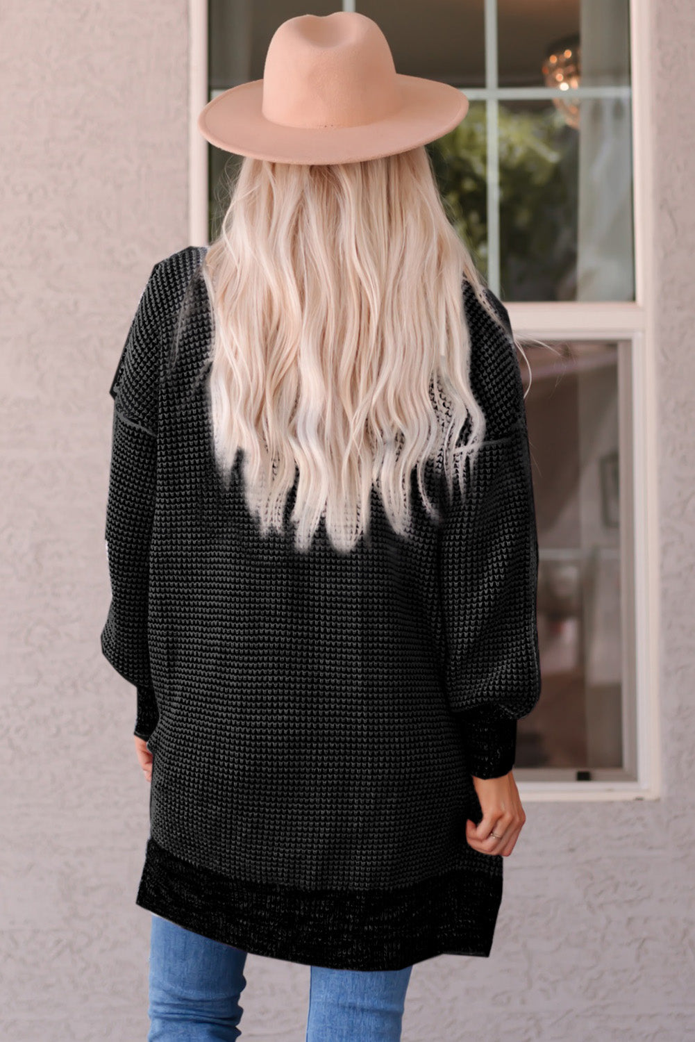 Apricot Plaid Knitted Long Open Front Cardigan - Winter Collection