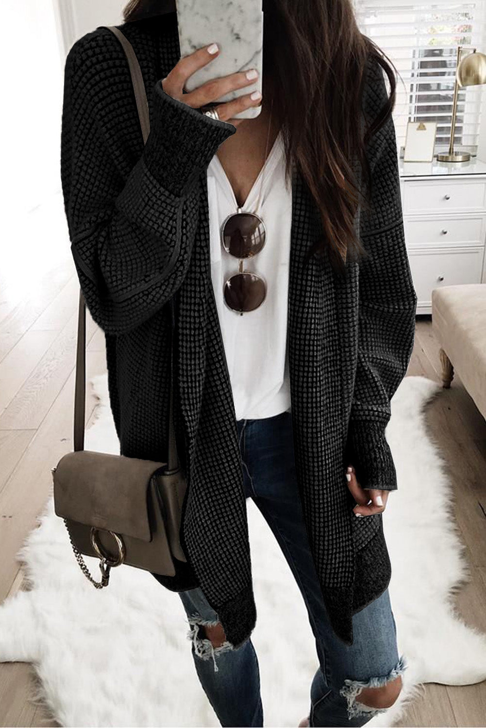 Apricot Plaid Knitted Long Open Front Cardigan - Winter Collection
