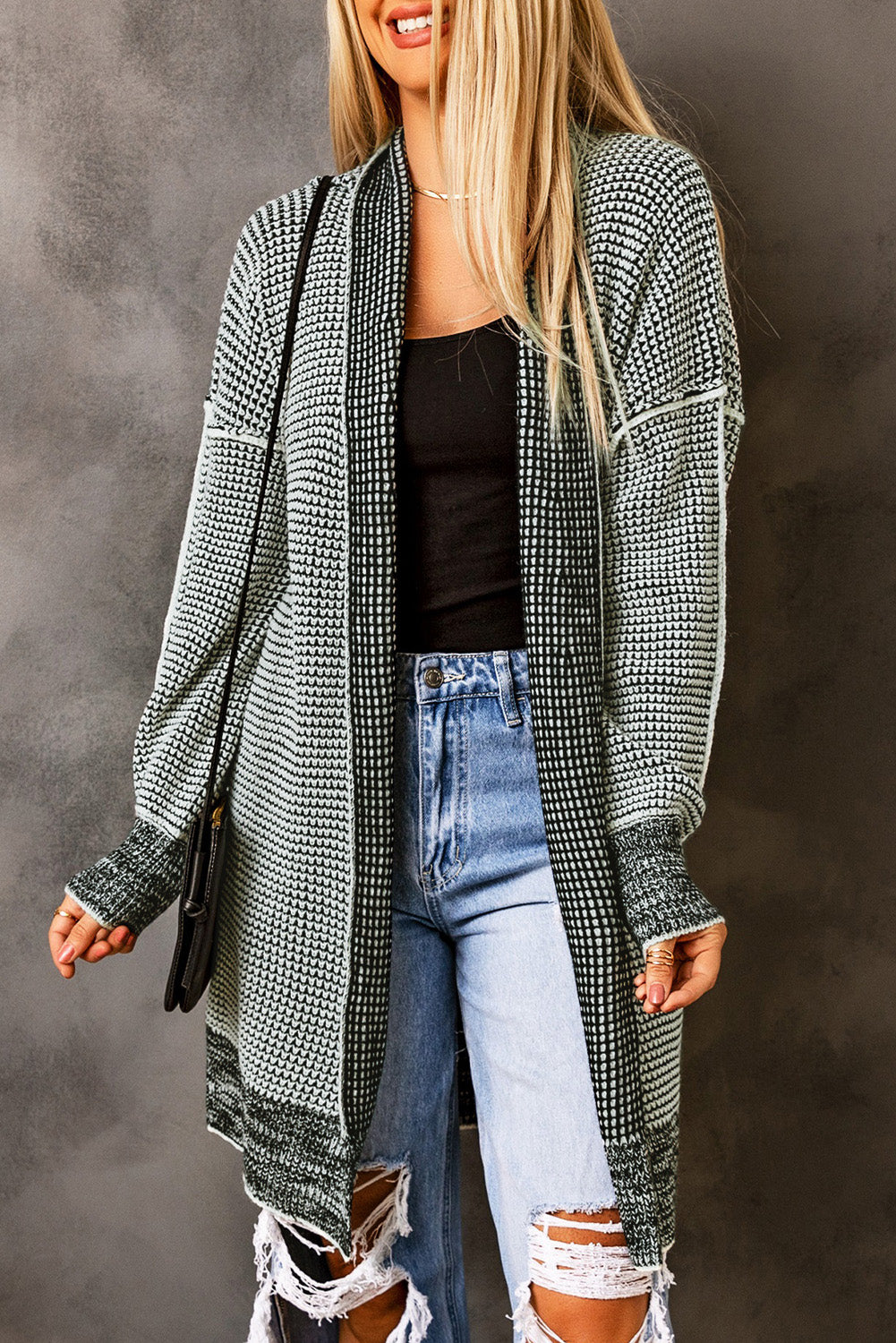 Apricot Plaid Knitted Long Open Front Cardigan - Winter Collection