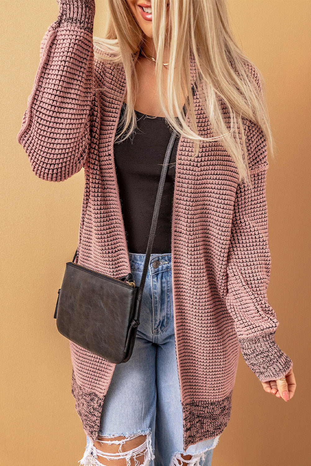 Apricot Plaid Knitted Long Open Front Cardigan - Winter Collection