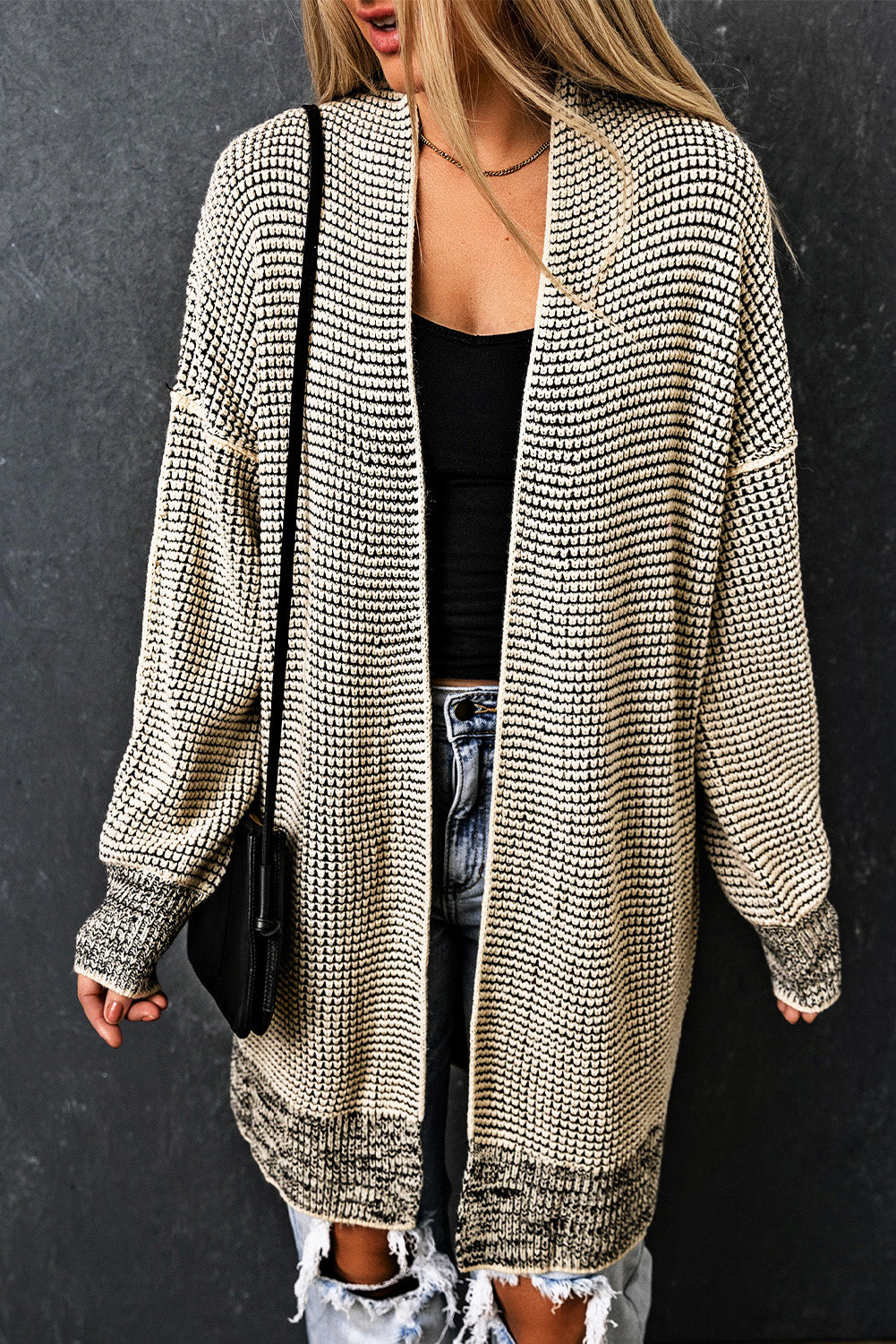 Apricot Plaid Knitted Long Open Front Cardigan - Winter Collection