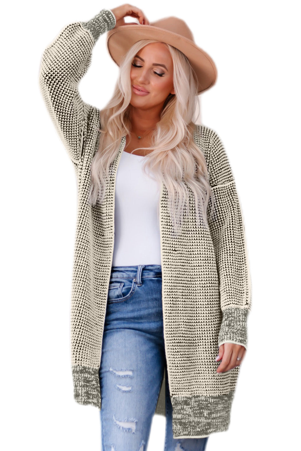 Apricot Plaid Knitted Long Open Front Cardigan - Winter Collection