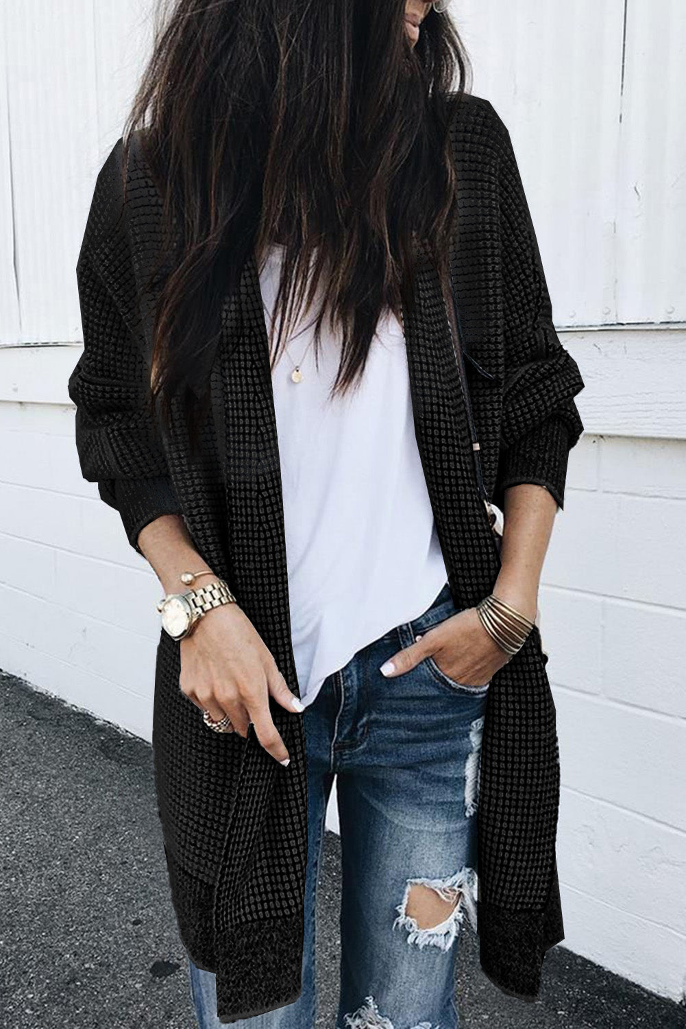 Apricot Plaid Knitted Long Open Front Cardigan - Winter Collection