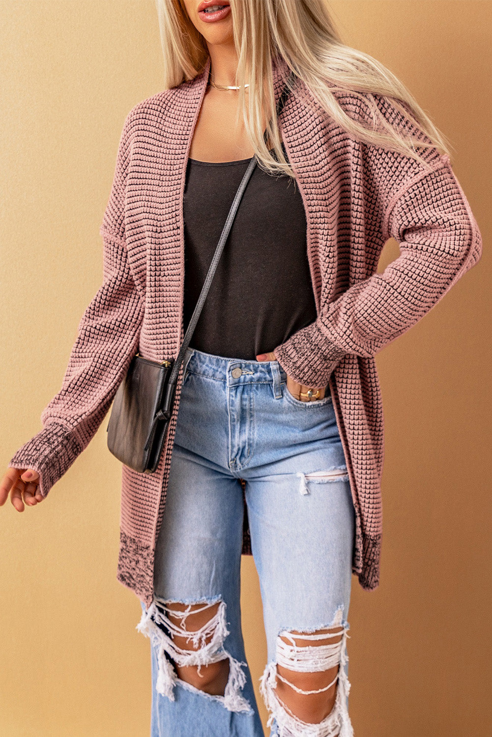 Apricot Plaid Knitted Long Open Front Cardigan - Winter Collection