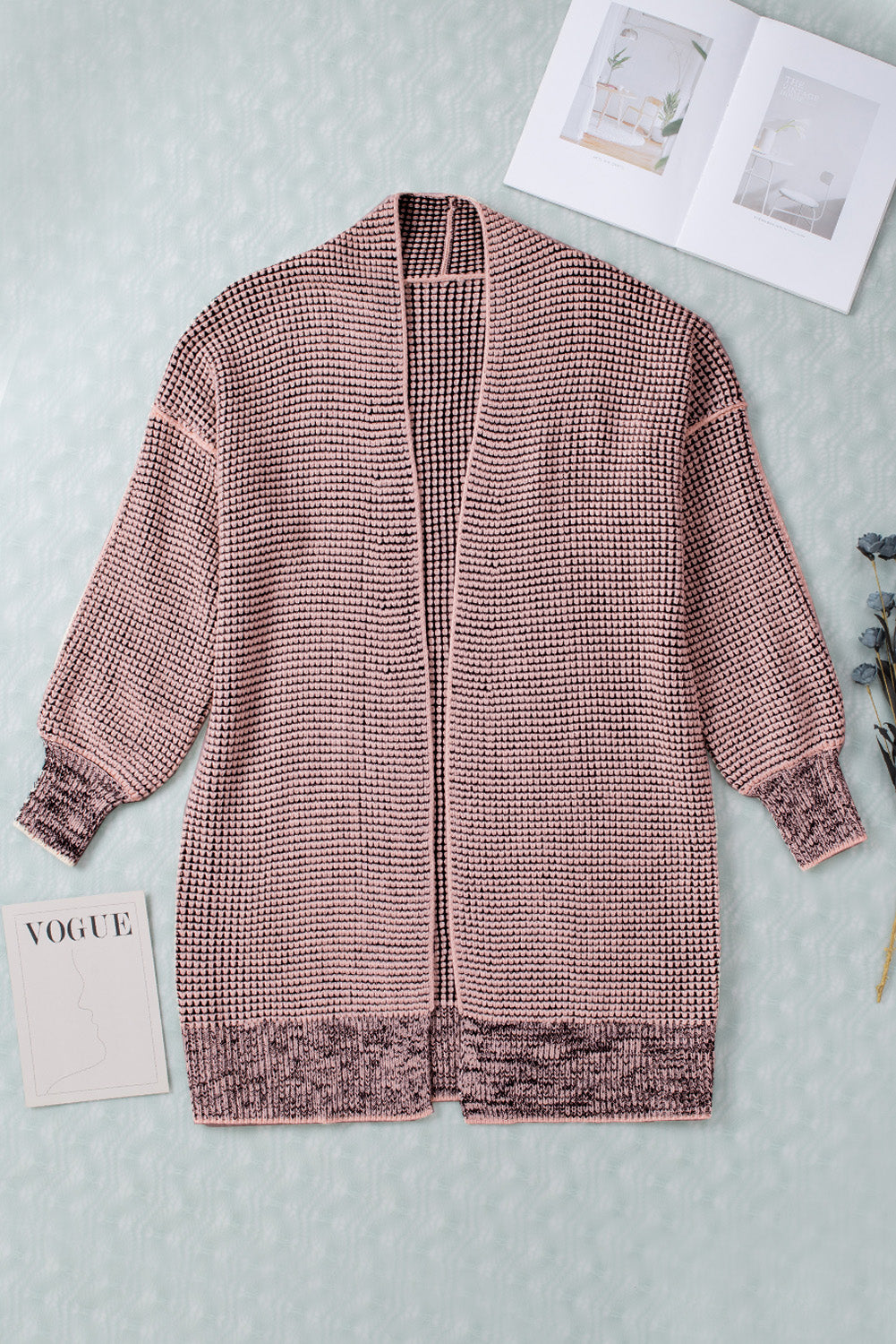 Apricot Plaid Knitted Long Open Front Cardigan - Winter Collection