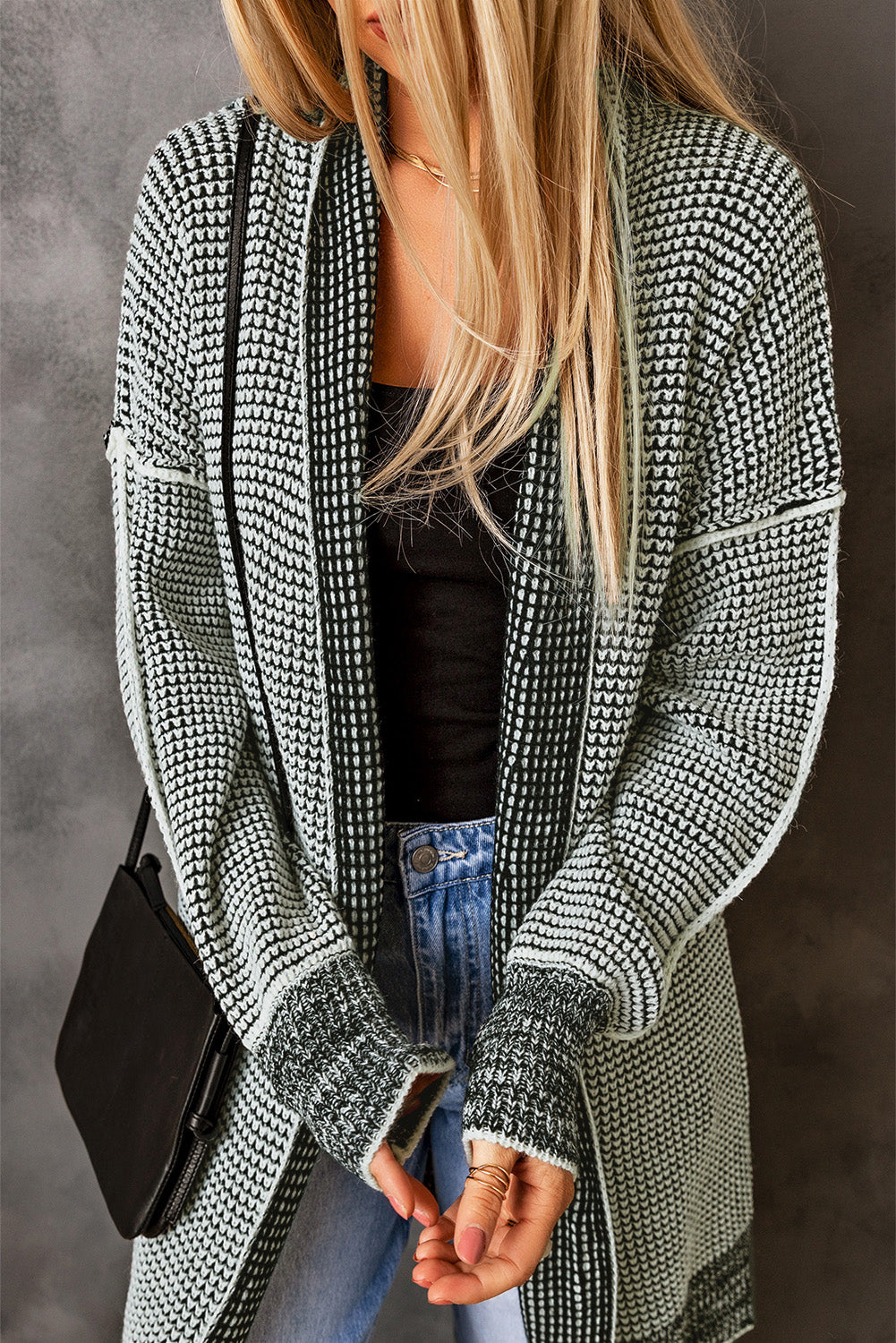 Apricot Plaid Knitted Long Open Front Cardigan - Winter Collection