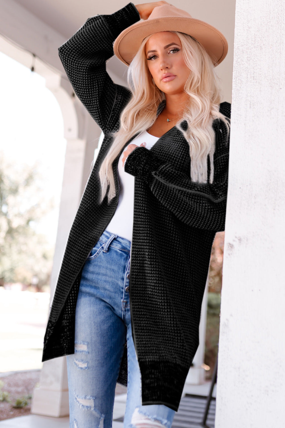Apricot Plaid Knitted Long Open Front Cardigan - Winter Collection