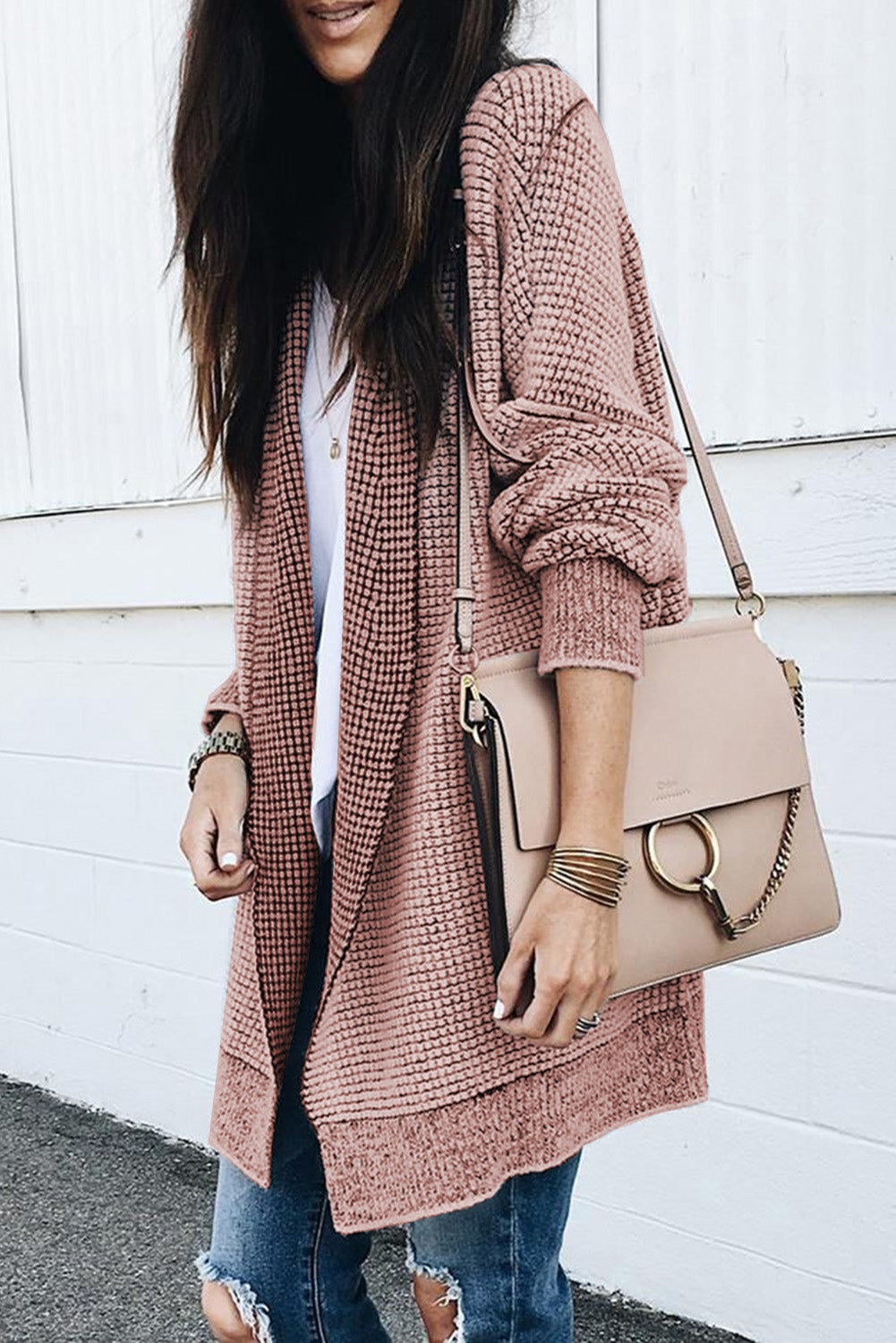 Apricot Plaid Knitted Long Open Front Cardigan - Winter Collection
