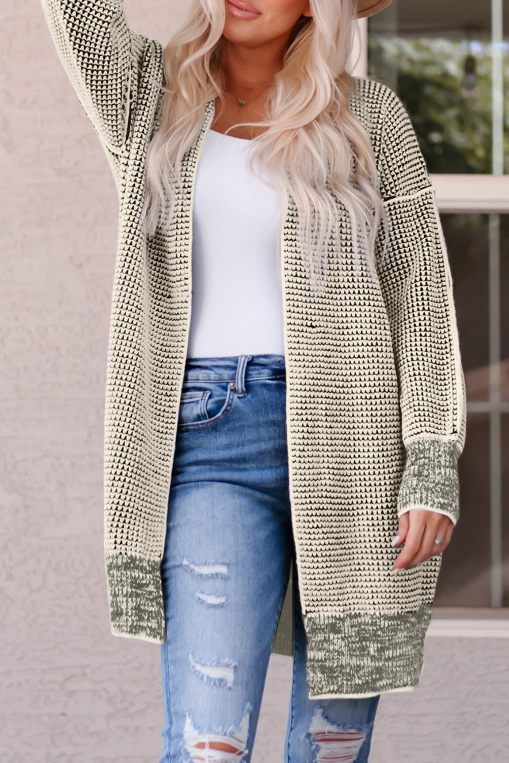 Apricot Plaid Knitted Long Open Front Cardigan - Winter Collection