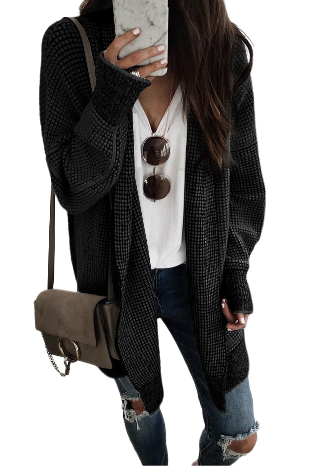 Apricot Plaid Knitted Long Open Front Cardigan - Winter Collection