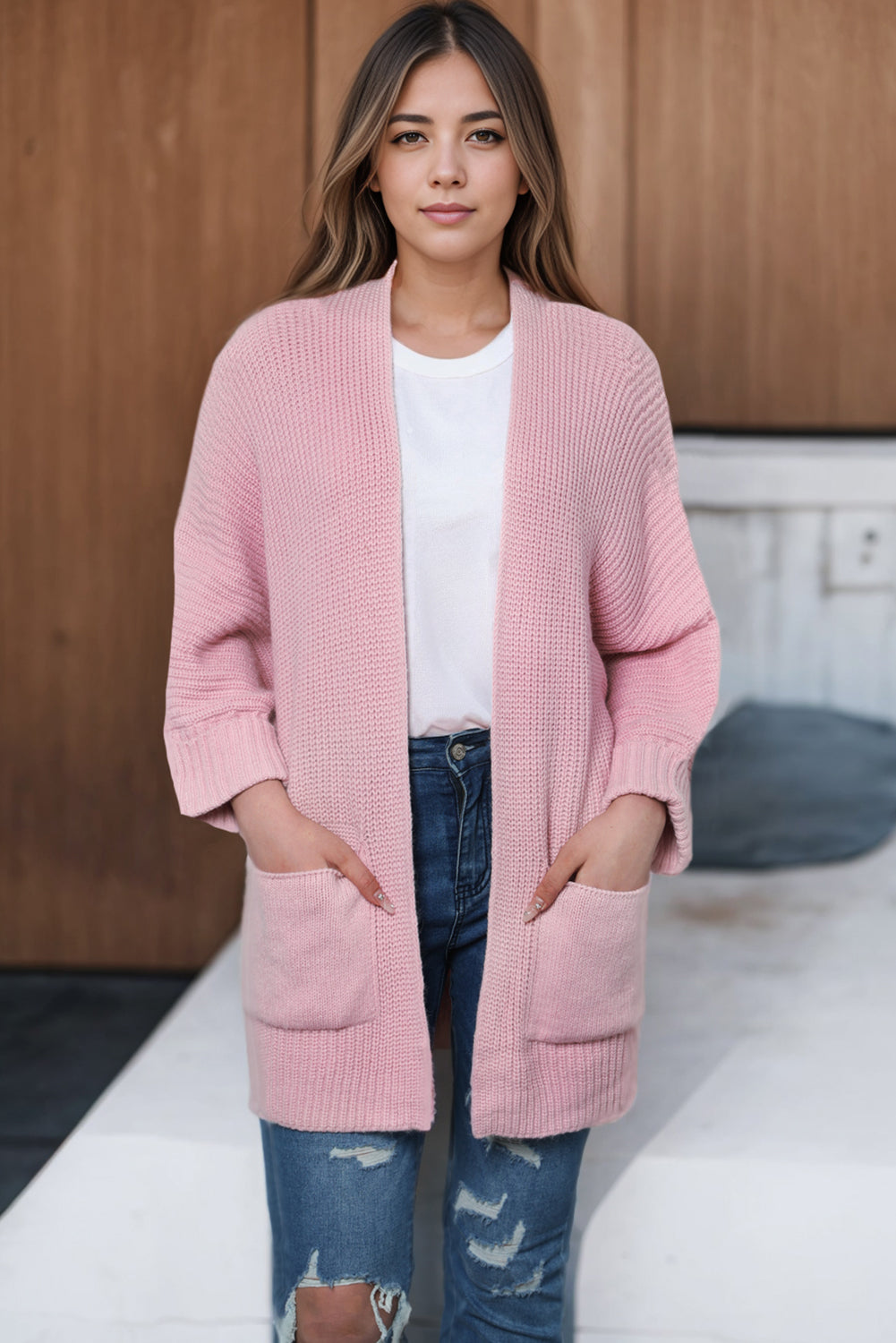 Gray Oversized Fold Over Sleeve Open Front Sweater