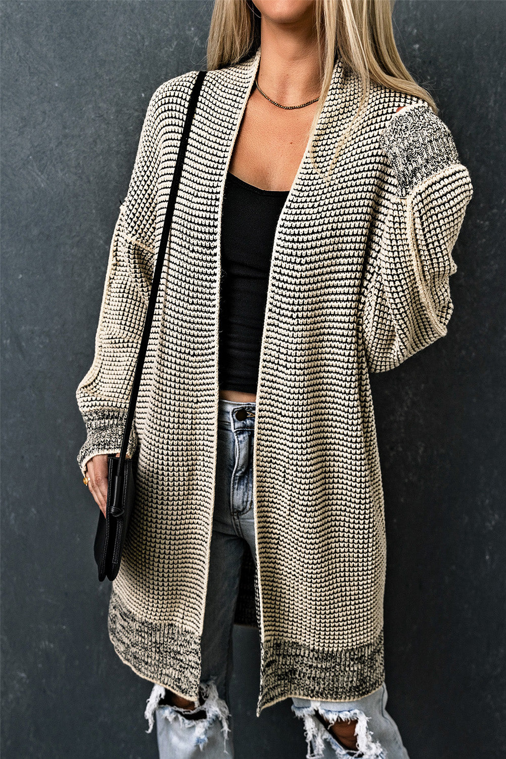 Apricot Plaid Knitted Long Open Front Cardigan - Winter Collection
