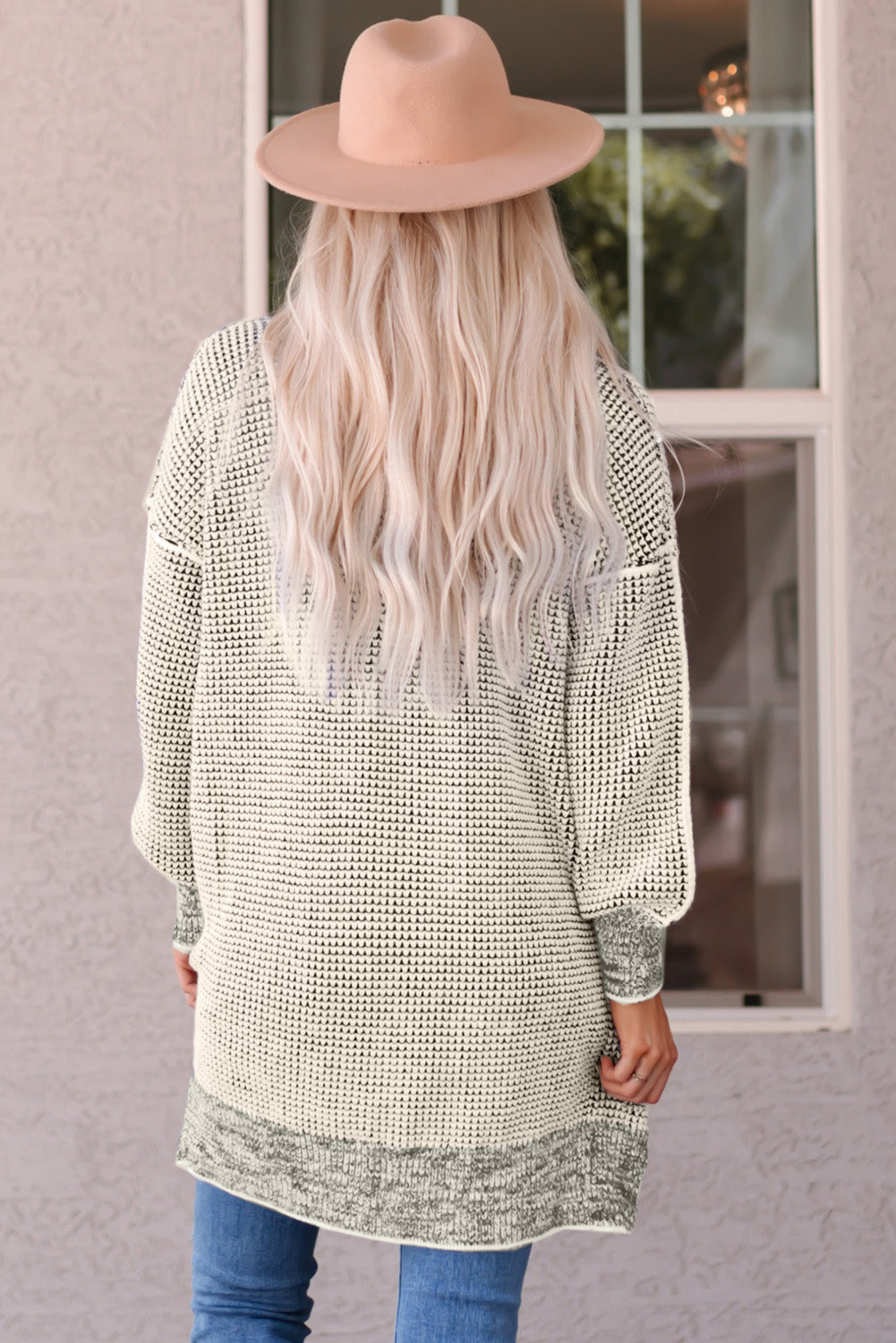 Apricot Plaid Knitted Long Open Front Cardigan - Winter Collection