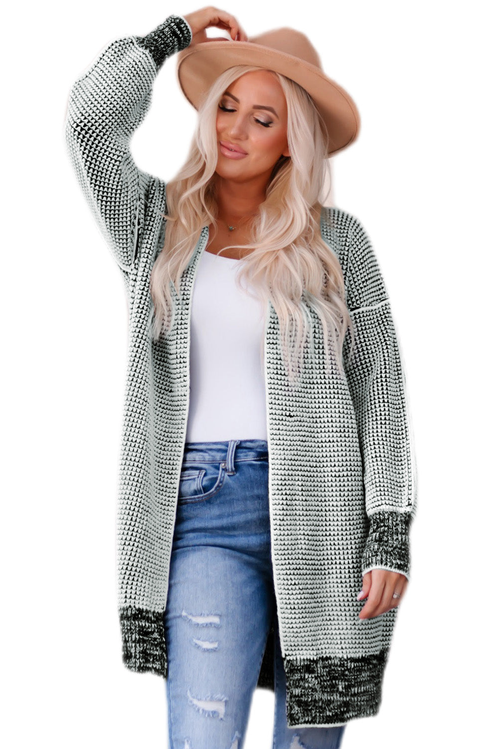 Apricot Plaid Knitted Long Open Front Cardigan - Winter Collection