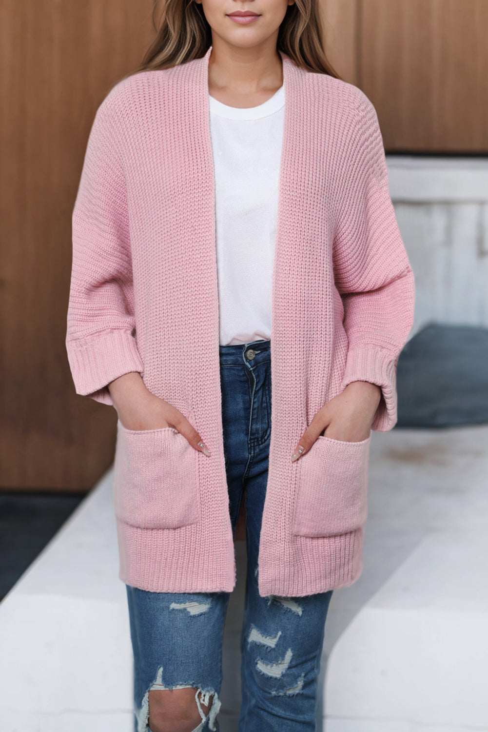 Gray Oversized Fold Over Sleeve Open Front Sweater