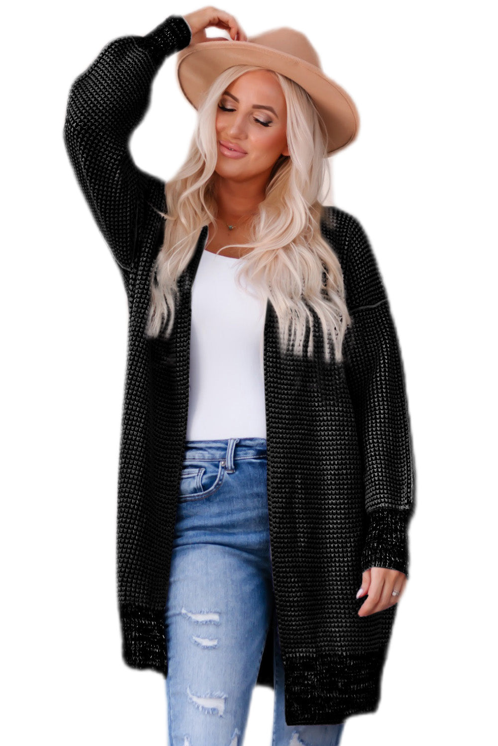 Apricot Plaid Knitted Long Open Front Cardigan - Winter Collection