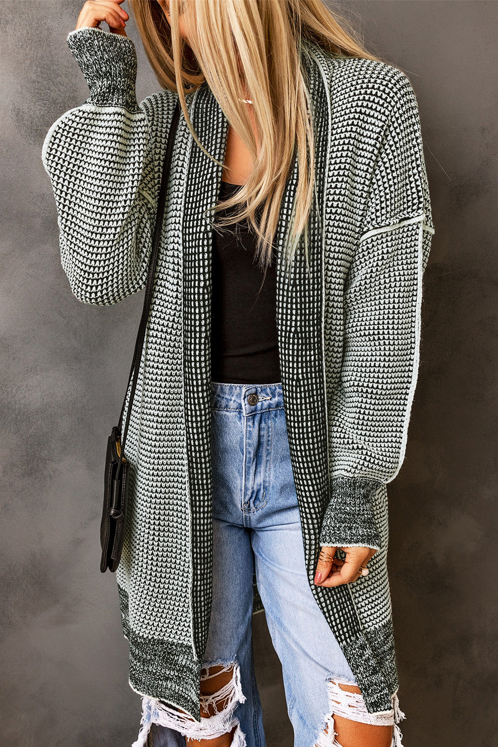 Apricot Plaid Knitted Long Open Front Cardigan - Winter Collection