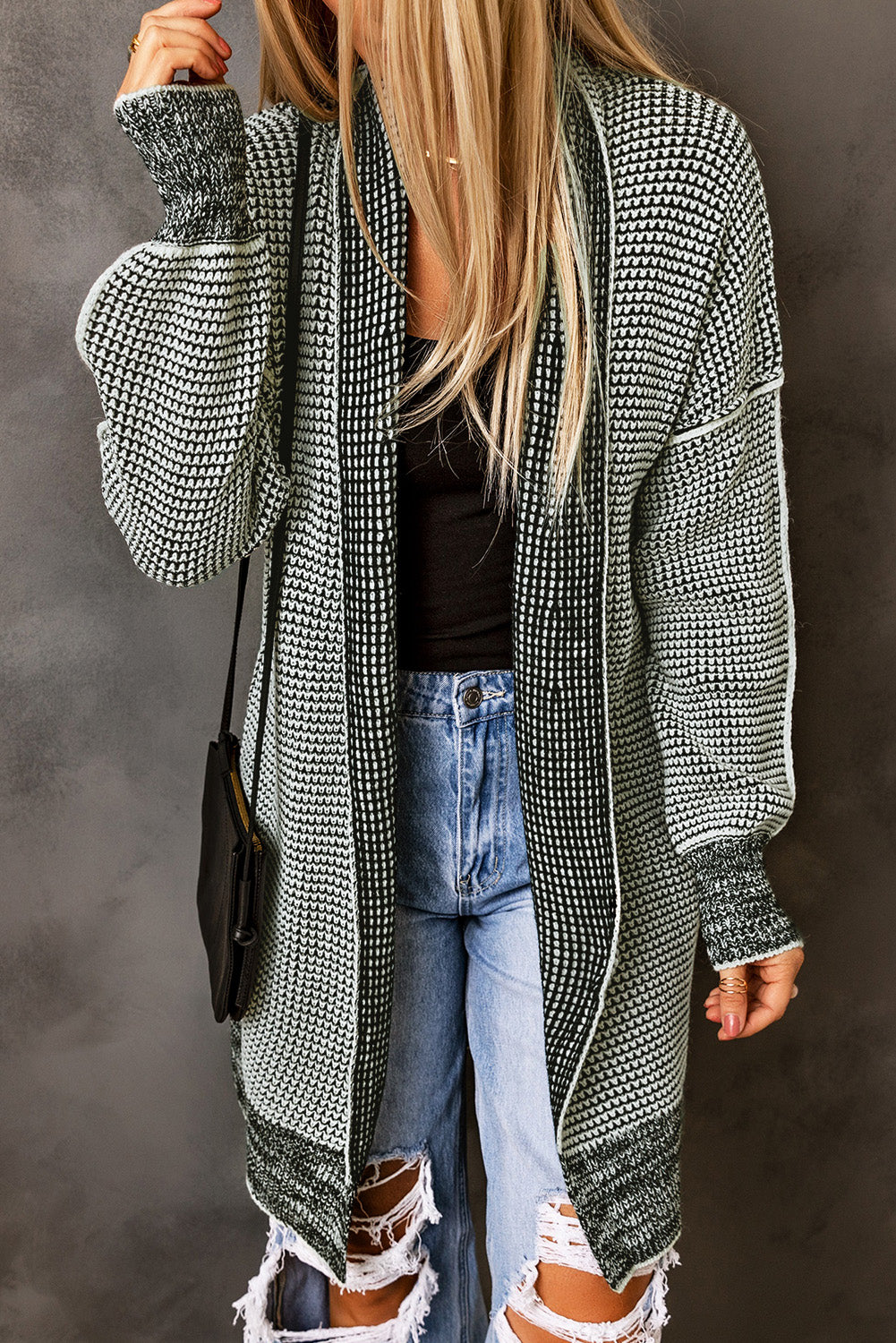 Apricot Plaid Knitted Long Open Front Cardigan - Winter Collection