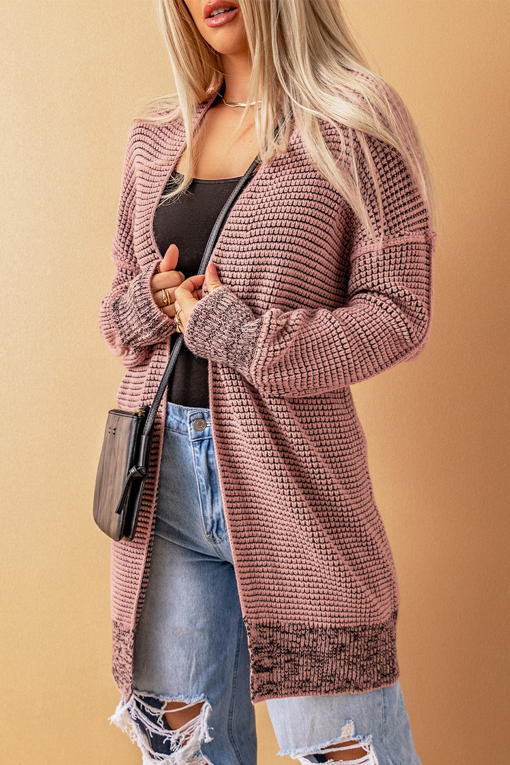 Apricot Plaid Knitted Long Open Front Cardigan - Winter Collection