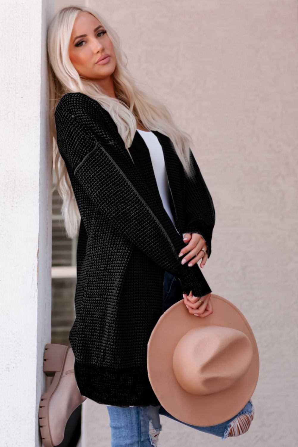 Apricot Plaid Knitted Long Open Front Cardigan - Winter Collection