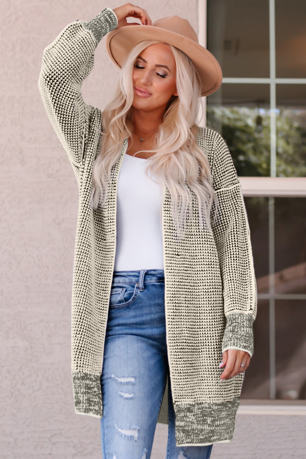 Apricot Plaid Knitted Long Open Front Cardigan - Winter Collection