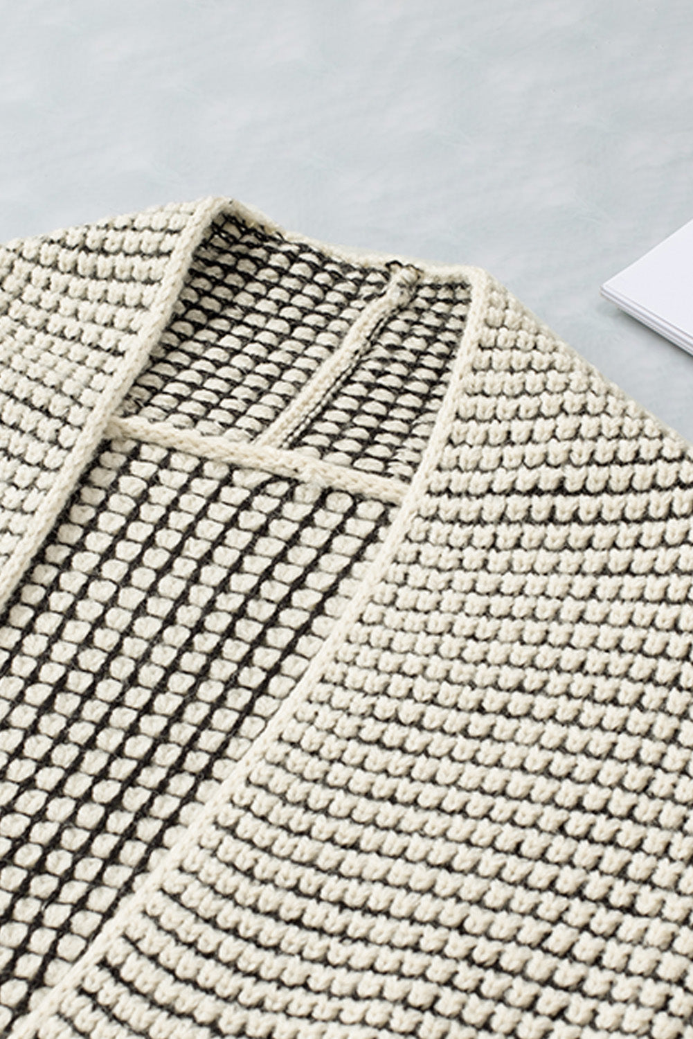 Apricot Plaid Knitted Long Open Front Cardigan - Winter Collection