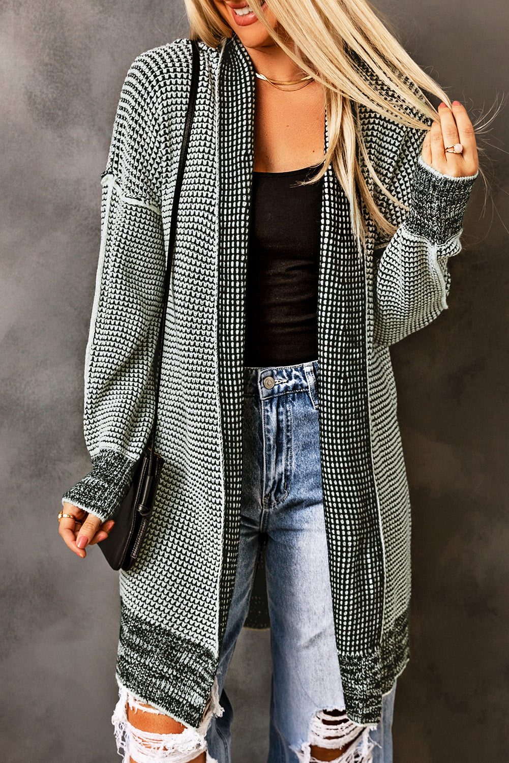 Apricot Plaid Knitted Long Open Front Cardigan - Winter Collection