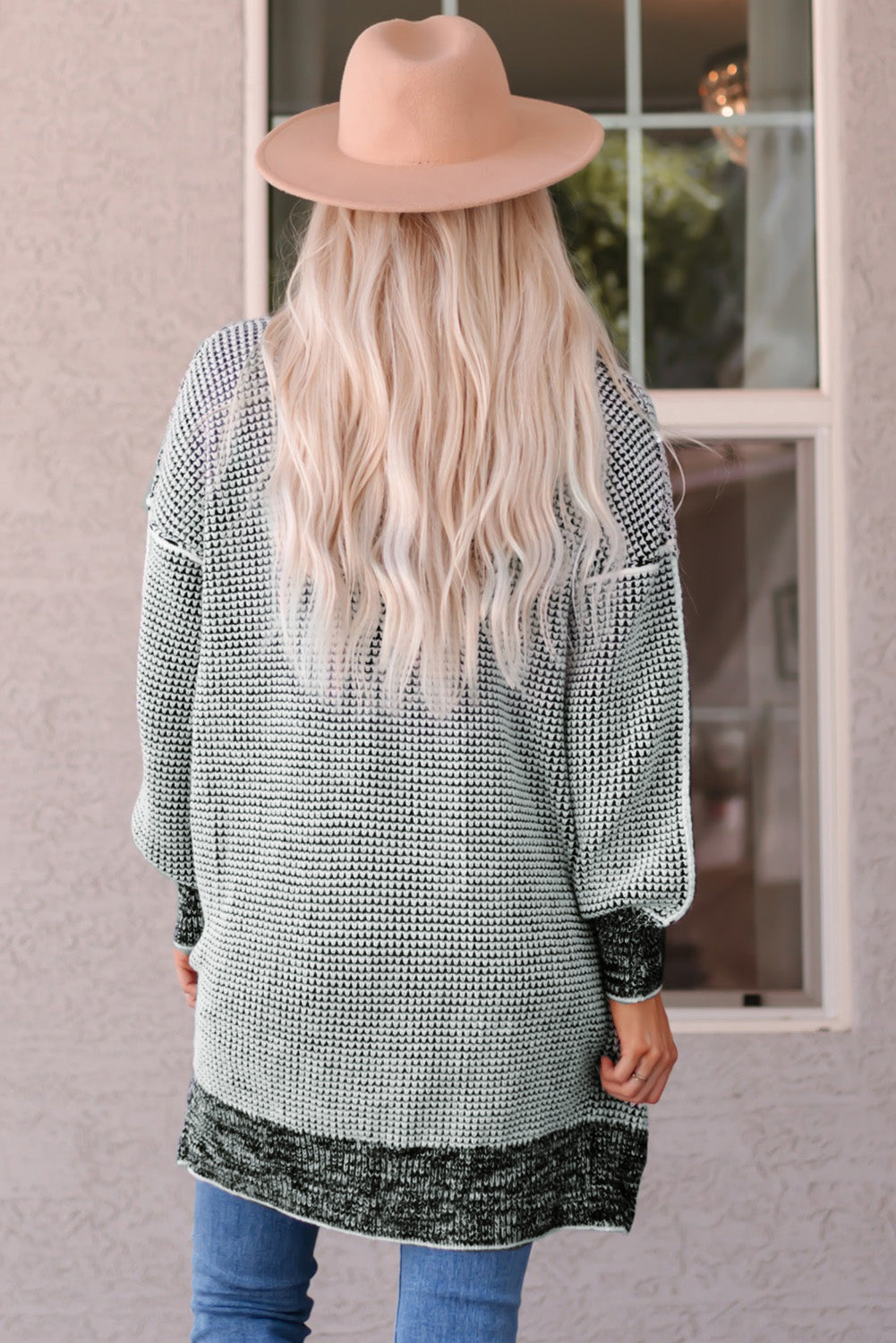 Apricot Plaid Knitted Long Open Front Cardigan - Winter Collection