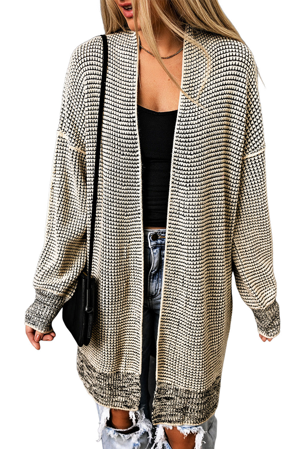 Apricot Plaid Knitted Long Open Front Cardigan - Winter Collection