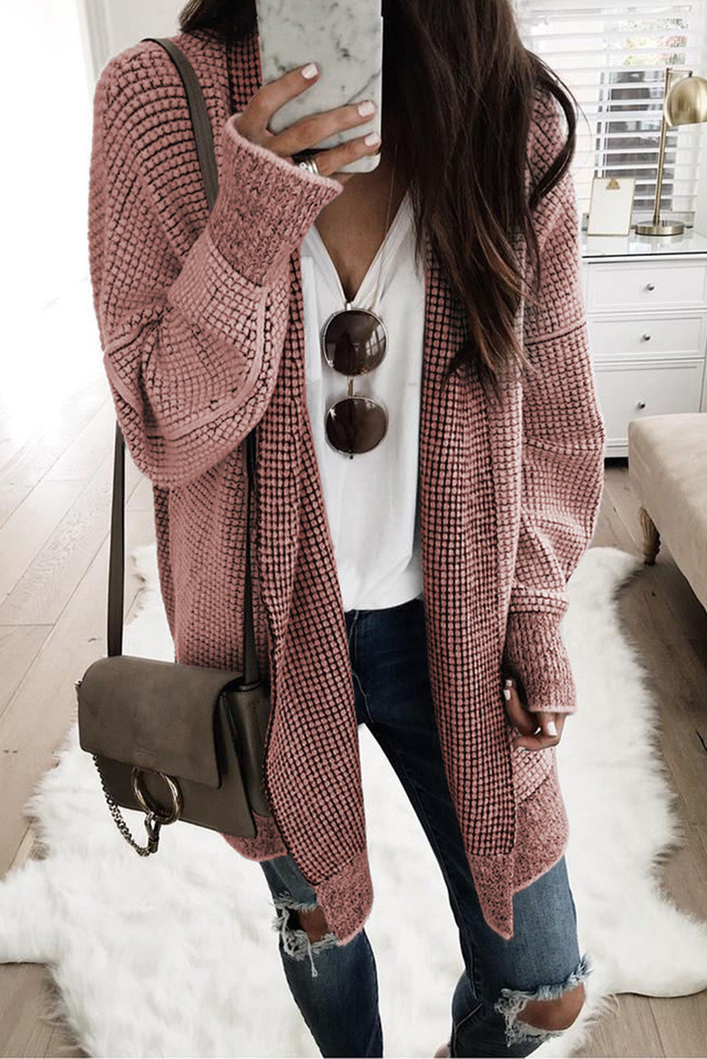 Apricot Plaid Knitted Long Open Front Cardigan - Winter Collection