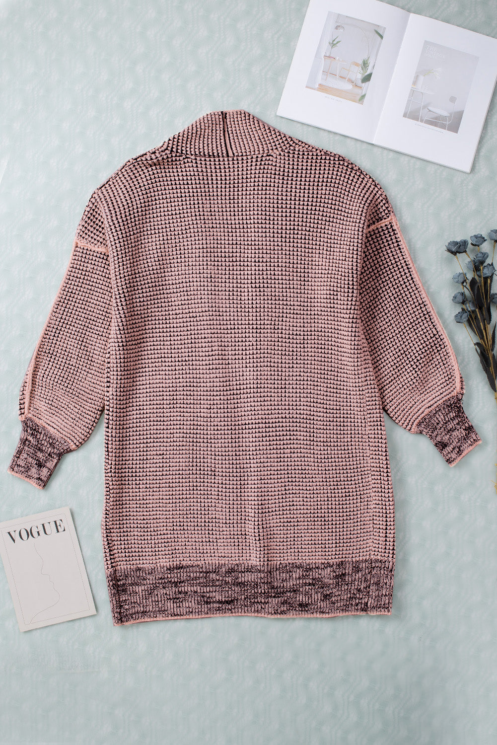 Apricot Plaid Knitted Long Open Front Cardigan - Winter Collection