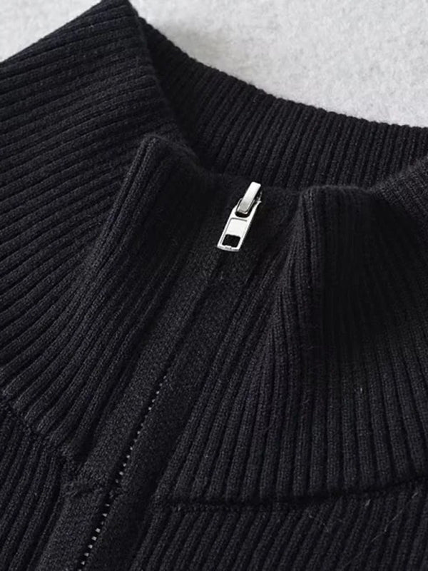 Double-ended zipper striped waisted curved long-sleeved knitted cardigan jacket