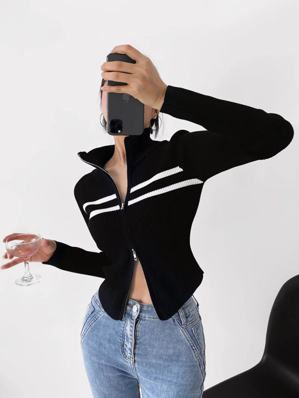 Double-ended zipper striped waisted curved long-sleeved knitted cardigan jacket