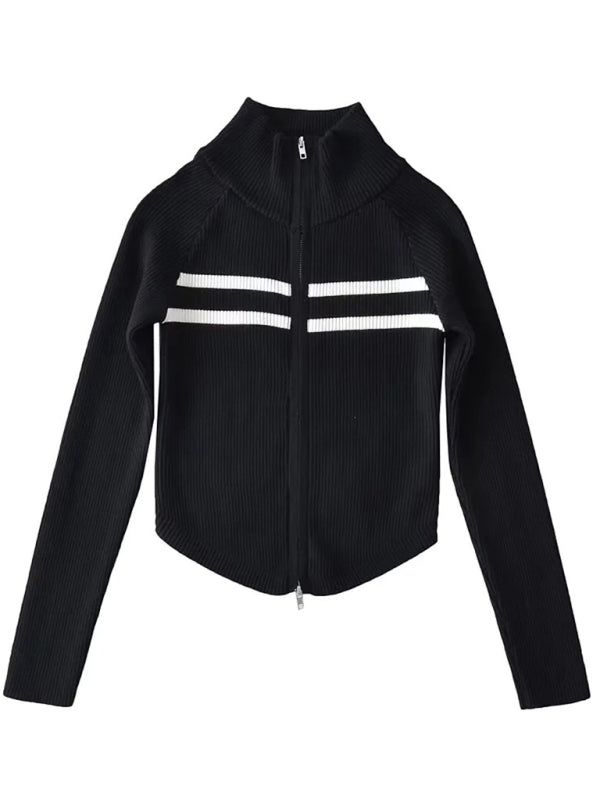 Double-ended zipper striped waisted curved long-sleeved knitted cardigan jacket
