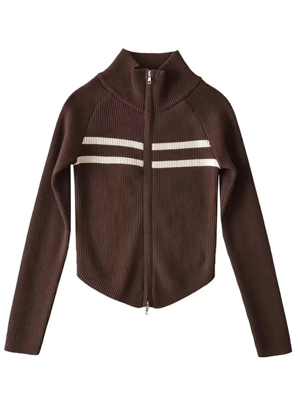 Double-ended zipper striped waisted curved long-sleeved knitted cardigan jacket