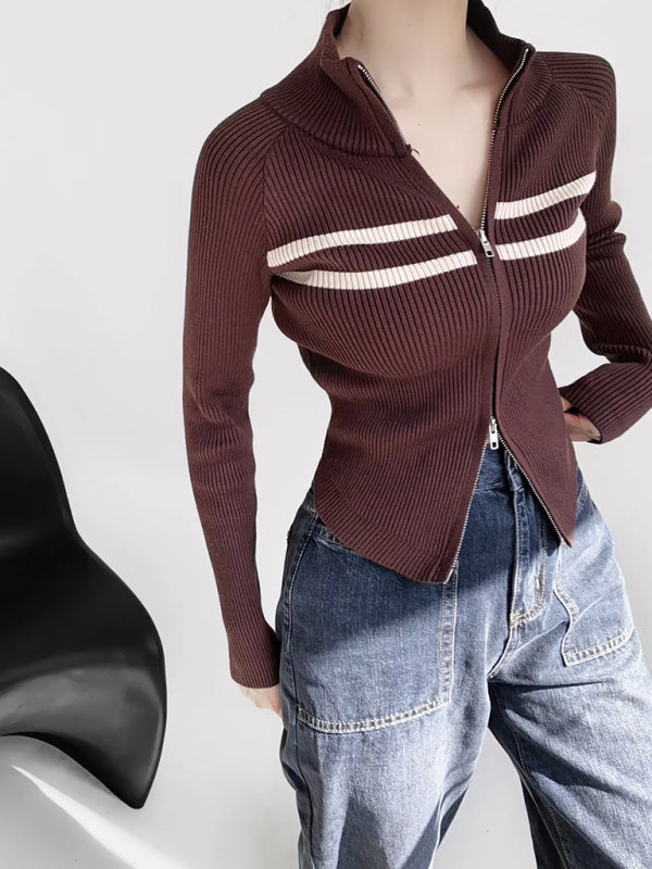 Double-ended zipper striped waisted curved long-sleeved knitted cardigan jacket