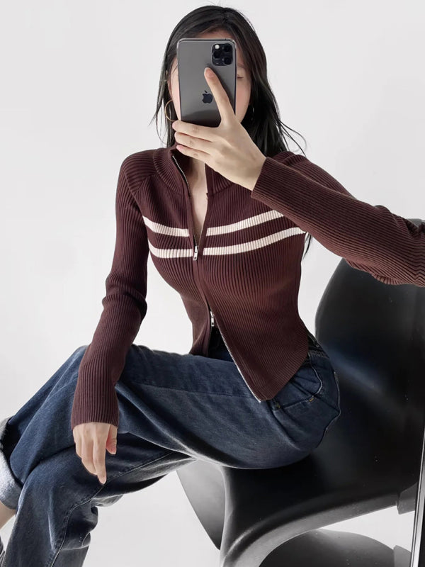 Double-ended zipper striped waisted curved long-sleeved knitted cardigan jacket