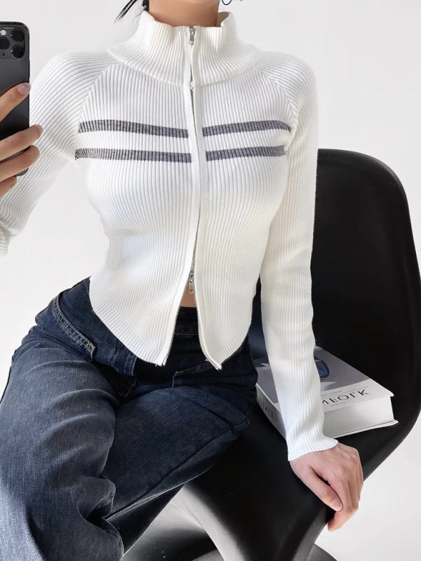 Double-ended zipper striped waisted curved long-sleeved knitted cardigan jacket