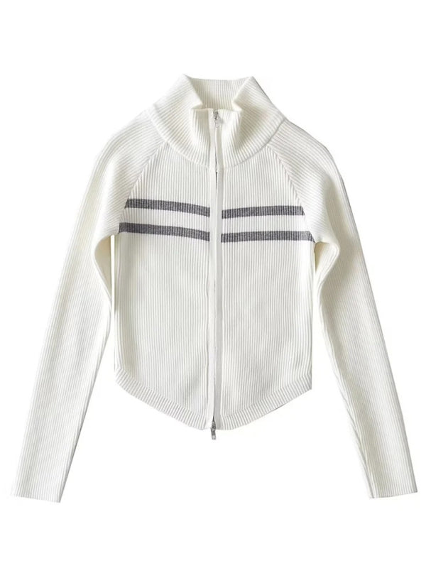 Double-ended zipper striped waisted curved long-sleeved knitted cardigan jacket