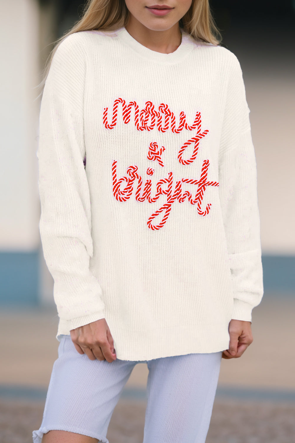 White Striped Merry Bright Letter Christmas Ugly Sweater