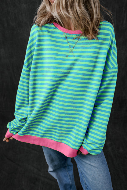 Blue Stripe Oversized Contrast Trim Pullover Sweatshirt