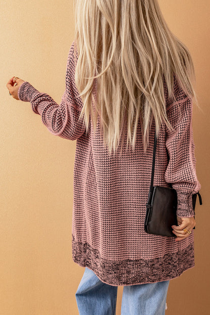 Apricot Plaid Knitted Long Open Front Cardigan