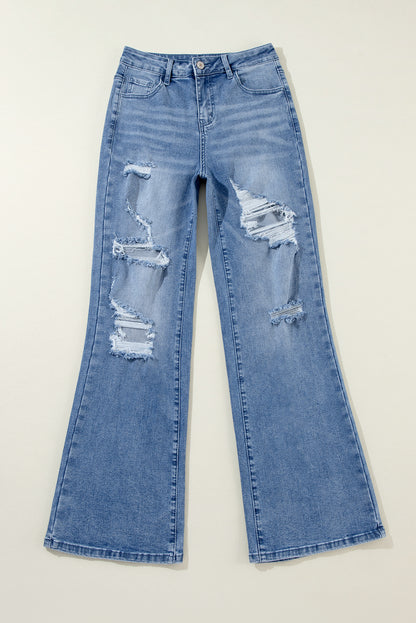 Blue Wash Distressed Wide Leg Ripped High Waist Jeans