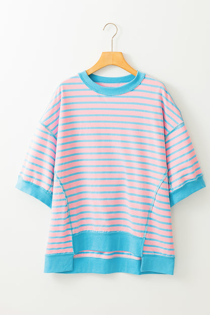 Green Stripe Oversized Contrast Trim Exposed Seam High Low T Shirt