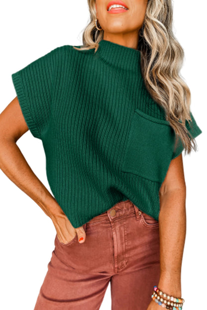 Pocket Ribbed Knit Short Sleeve Sweater