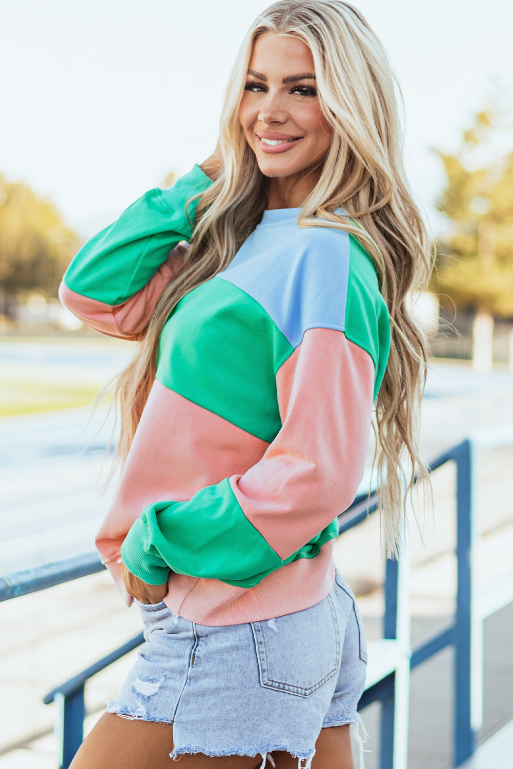 Bright Pink Colorblock Patchwork Drop Shoulder Sweatshirt